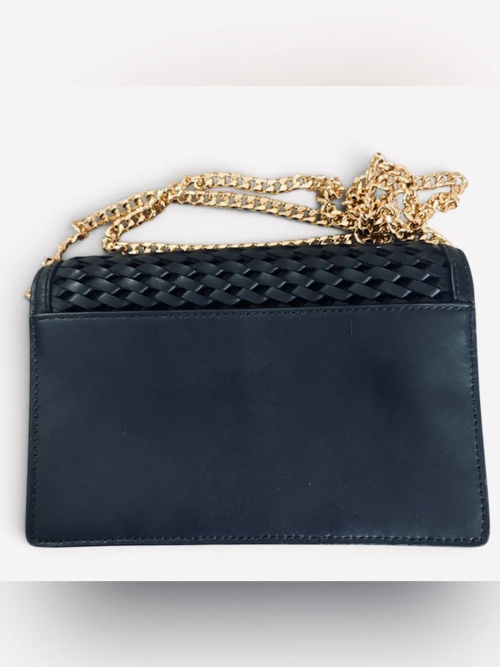 Michael Kors Jet Set Medium Black Woven Leather Crossbody with Gold Chain Strap